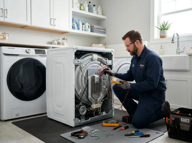 Appliance Repair Hero technician checking a dryer heating element with the rear panel off in Birdsboro, PA