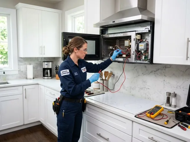 Appliance Repair Hero technician testing an over-the-range microwave in a Birdsboro, PA kitchen