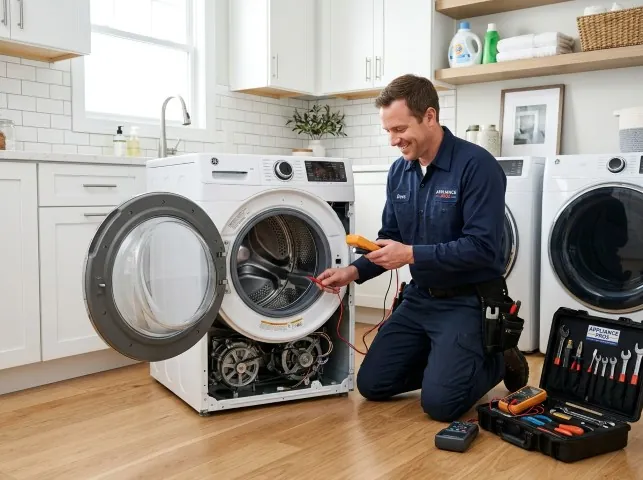 Appliance Repair Hero technician testing a front-load washer with a multimeter on a Birdsboro, PA service call